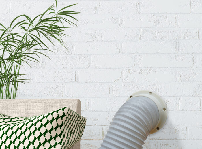 Interior with sofa and plant on the table 3d rendering Magnetic Omni-directional Threaded Portable AC Vent Kit, 6 inch Flange Mount with Off-Season Cover | White | 6MNT-MAG-KIT-WH - Image 7