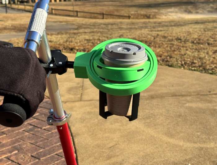green on scooter with cup Gyroscope Cup Holder by Intulon for Bikes, Bicycles, Strollers, Walkers, Prams, Scooters, Wheel Chairs and Cars with Adjustable Claw Clamp - Image 3