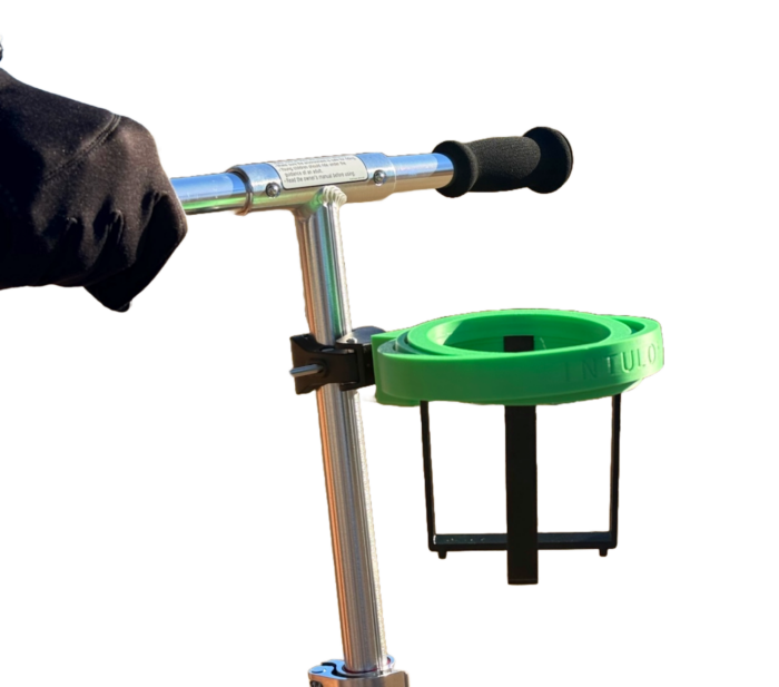 green on scooter xparent bg Gyroscope Cup Holder by Intulon for Bikes, Bicycles, Strollers, Walkers, Prams, Scooters, Wheel Chairs and Cars with Adjustable Claw Clamp - Image 1